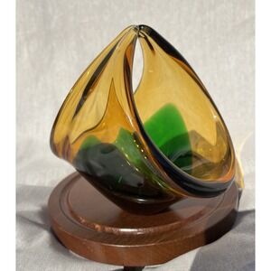 Vintage Hand Blown Art Glass Sculptural Bowl Amber & Green Mid‎ Century Style